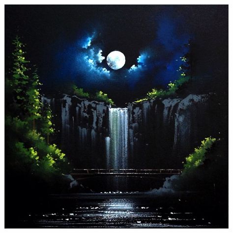 Scenery Paintings On Canvas, Landscape Paintings Night Sky, Beautiful Oil Pastel Drawings, Oil Pastel Colours Painting, Waterfall Scenery Painting, Black Watercolour Painting, Oil Pastel Art Scenery, Landscape Paintings Night, Oil Pastel Art Landscape Night