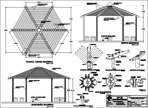 Pergola in AutoCAD | Download CAD free (323.71 KB) | Bibliocad Hexagon Pergola Design, Hexagonal Pergola, Pergola Drawing, Gazebo Blueprints, Hexagon Gazebo, Gazebo Roof, Gazebo Plans, Wooden Terrace, Pergola Attached To House