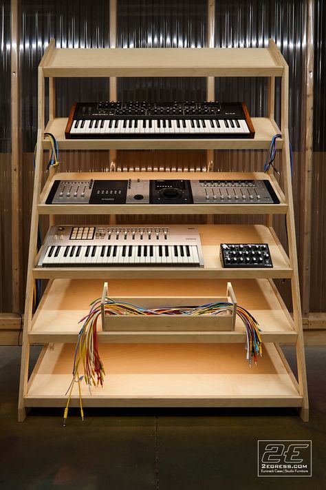 Synth Shelves, Synth Rack, Home Music Studio Ideas, Workshop Desk, Recording Studio Furniture, Keyboard Storage, Home Recording Studio Setup, Recording Studio Setup, Home Studio Ideas