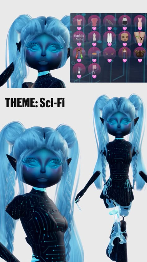 Sci fi dress to impress outfit! Can also work for from another planet, dark vs light, aliens Sci Fi Dress, Sci Fi Outfits, Sci Fi Outfit, Planet Dresses, Another Planet, Dark Dress, Lit Outfits, Aesthetic Roblox Royale High Outfits, Theme Dress