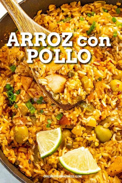 Puerto Rican Recipes Rice, Con Pollo Chicken, Yellow Rice Recipe, Puerto Rican Chicken, Spanish Dinner, Yellow Rice Recipes, Pollo Recipe, Puerto Rican Dishes, Puerto Rico Food