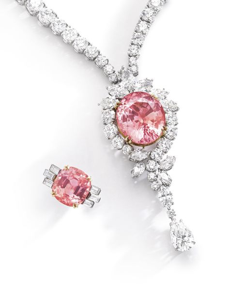 Princess Harry, Sapphire Diamond Pendant, Magnificent Jewels, Padparadscha Sapphire, Sapphire And Diamond Ring, Harry Winston, Pendent Necklace, Gemstone Jewellery, Baguette Diamond