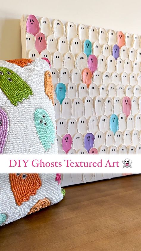 Pastels are all the rage this year when it comes to Halloween Decor, so I decided to take some inspo from this pastel ghost pillow and make… | Instagram Ghost Plaster Art, Fun Halloween Decorations For Kids, Ghost Spackle Art, Ghost Texture Art, Halloween Texture Art, Textured Pumpkin Painting, She Found Her Boo Decorations, Halloween Picture Frame Craft, Easy Diy Halloween Paintings