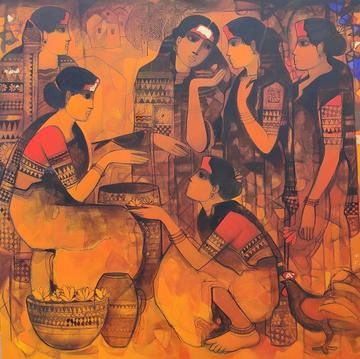 Sachin Sagare – Aartique Sachin Sagare Paintings, Orange Acrylic Painting, Indian Contemporary Art, Composition Painting, South Asian Art, Friends 2, Hinduism Art, Contemporary Art Painting, Indian Artist