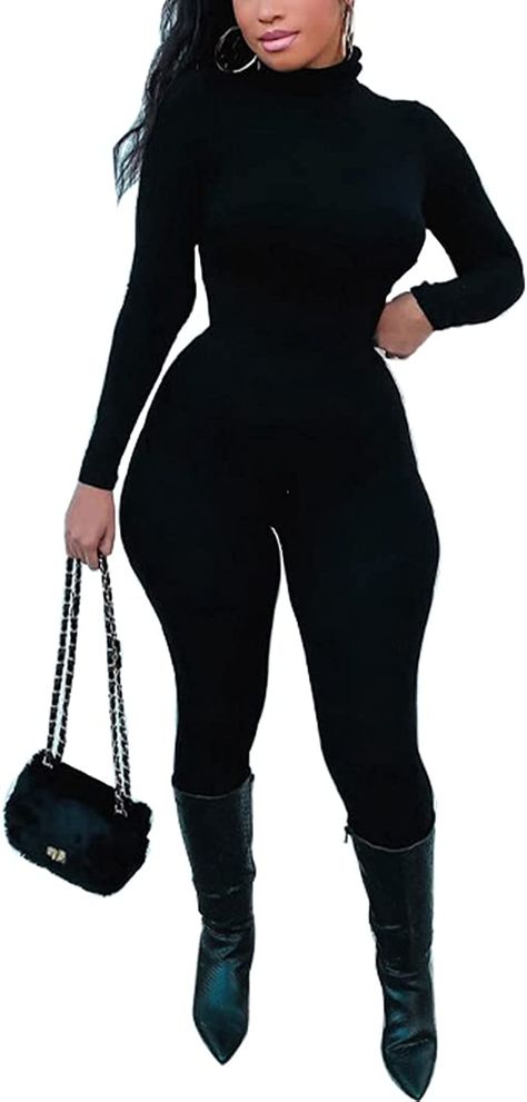 Amazon.com: Azhong Women's Sexy Long Sleeve Turtleneck Jumpsuits Bodycon Back Zipper High Waist One Piece Casual Club Rompers Black : Clothing, Shoes & Jewelry Cat Suit Bodysuit Outfit, Black Turtleneck Jumpsuit, Long Sleeve Romper Outfit, Bodycon Jumpsuit Outfit, Outfit Ideas With Boots, Club Romper, Girls Night Outfit, Stylish Jumpsuit, Bodycon Jumpsuit