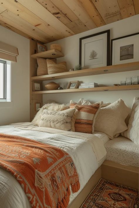 Creating a cozy and functional small bedroom can be a delightful challenge. Here are 25 ideas to transform your compact space into a comfortable haven. Let's explore the possibilities together! You'll love these 25 Small Bedroom Ideas That Maximize Coziness and Function. Rustic Bedroom Small Space, Small Bedroom Design Aesthetic, Cozy Small Beds, Nature Themed Small Bedroom, Basement Small Bedroom Ideas, Small Bedroom Raised Bed, Small Cabin Bedroom Ideas Space Saving, Small Master Bed Ideas, Tiny Bedrooms