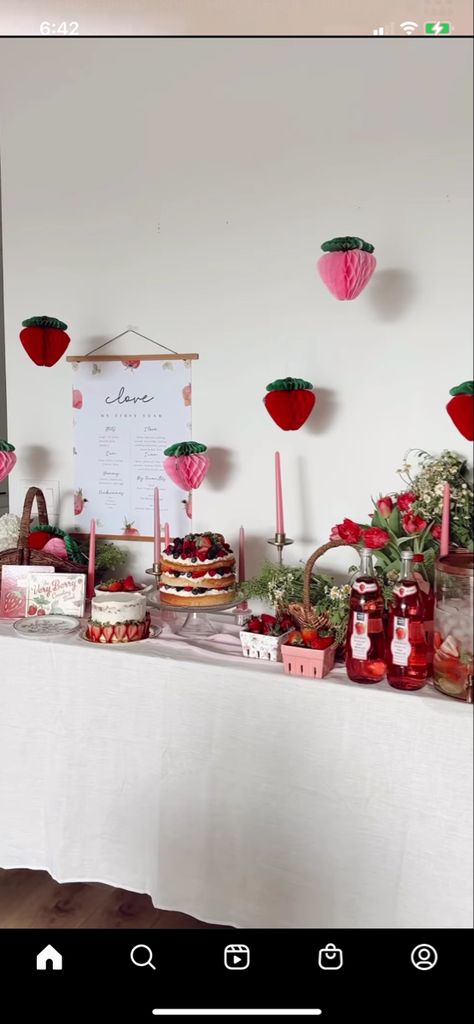 Berry First Birthday Sweets Table, Strawberry Party Dessert Table, Strawberry Themed 1st Birthday Table Decor, Berry Themed Party Decorations, Strawberry Theme Decorations, Raspberry Themed Party, Strawberry Candy Table, Strawberry Table Setting, Strawberry Kids Party