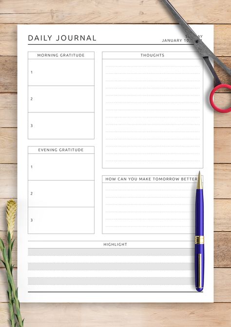 Daily Journal Planner, Planner Format Ideas, Daily Journal Printable, Journalling Template, Gratitude Planner Ideas, Journaling Format, Daily Journal Page, Daily Review Journal, Journaling Format Ideas