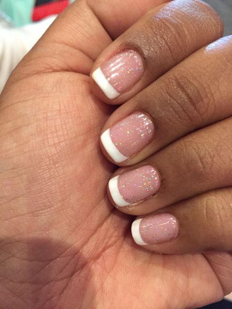 French Manicure With Sparkles Glitter, Shellac French Manicure With Glitter, French Tip Shellac Nails With Design, Engagement Nails Acrylic Short, Shimmer French Manicure, Glittery French Manicure, Shimmery French Manicure, French Manicure With Shimmer, Short French Tip Nails With Glitter