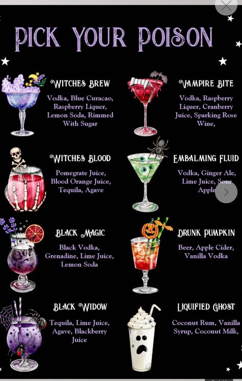 Goth Alcoholic Drinks, Witchy Drink Recipes, Sourpuss Drinks, Goth Drinks, Whimsical Recipes, Beetlejuice Cocktail, Gothic Drinks, Nye Cocktail Party, Fun Halloween Drinks