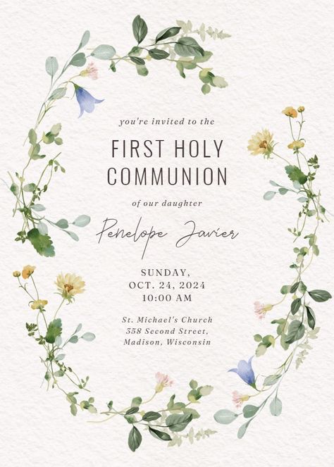 Border of blooms - first holy communion invitation  #invitations #printable #diy #template #communion Bosses Day Cards, Vintage Beach Photos, Butterfly Birthday Cards, Holy Communion Invitations, Teacher Appreciation Cards, First Communion Invitations, Greetings Island, Thanksgiving Invitation, Communion Invitations