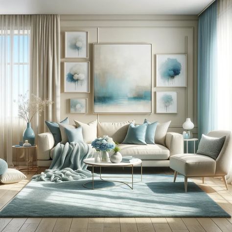 sky blue and beige living room Blue And Beige Living Room, Purple Accent Chair, Beige Living Room, Beige Room, Trending Colors, Beige Living Rooms, Green Curtains, Front Door Colors, Beige Walls