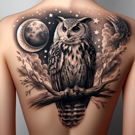 Stunning owl tattoos that blend elegance with deep meaning. #ai #tattoo #tattoo_for_woman #tattoo_ideas #tattoo_for_man Open Wing Owl Tattoo, Women’s Owl Tattoo, Owl Leg Tattoos For Women, Owl Tattoo With Moon, Owl In Tree Tattoo, Steampunk Owl Tattoo, Owl Back Tattoo, Little Owl Tattoo, Owl Tattoo For Women