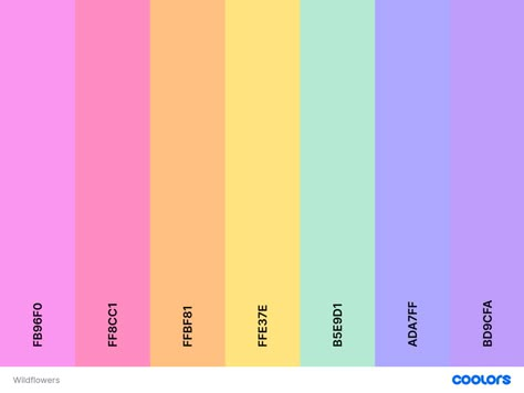 Wedding Color Palette - Wildflowers - Pastel Rainbow - Mack Wedding Color Theme Rainbow Colour Palette, Mint Color Palettes, Rainbow Dance, Turquoise Color Palette, Yellow Palette, Website Color Palette, Complimentary Color Scheme, Pantone Colour Palettes, Teal Green Color