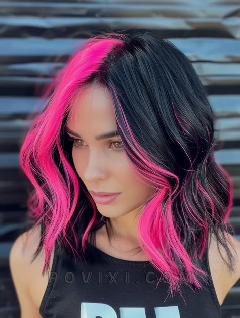 Color Block Hair, Pink And Black Hair, Rambut Brunette, Split Dyed Hair, Vivid Hair Color, Bold Hair Color, Neon Hair, Black Hair With Highlights, Pretty Hair Color