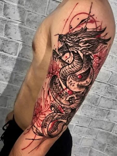 Trash Polka Dragon Tattoo Japanese Dragon Tattoos For Men Forearm, Trash Polka Dragon Tattoo, Trash Polka Back Tattoo, Trash Polka Tattoo Designs Sleeve, Dragon Tattoo For Men Arm, Bicep Dragon Tattoo, Dragon Arm Tattoo For Men, Mens Dragon Tattoo, Dragon Tattoos For Men Arm