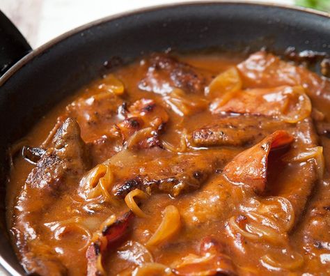 Liver and bacon with onion gravy. This recipe calls for using ketchup in the sauce, which I will not use, subbing for the same amount of tomato paste instead. If you caramelize the tomato paste until it turns a darker red, it gives the sauce a taste of something that has cooked for a longer period of time. I also will add a splash of red or white wine to the sauce, right after I caramelize the tomato paste. Hairy Bikers Recipes, Liver And Bacon, Offal Recipes, Liver And Onions, Liver Recipes, Onion Sauce, Chicken Liver, Onion Gravy, Beef Liver