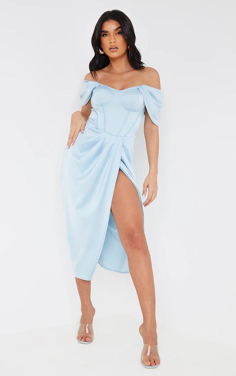 Women's Dresses | Cute Dresses Online | PrettyLittleThing USA Birthday Preparation, Corset Draping, Plunge Midi Dress, Blue Dinner, Blue Drapes, Bardot Midi Dress, Spring Formal, Strappy Midi Dress, Blue Corset