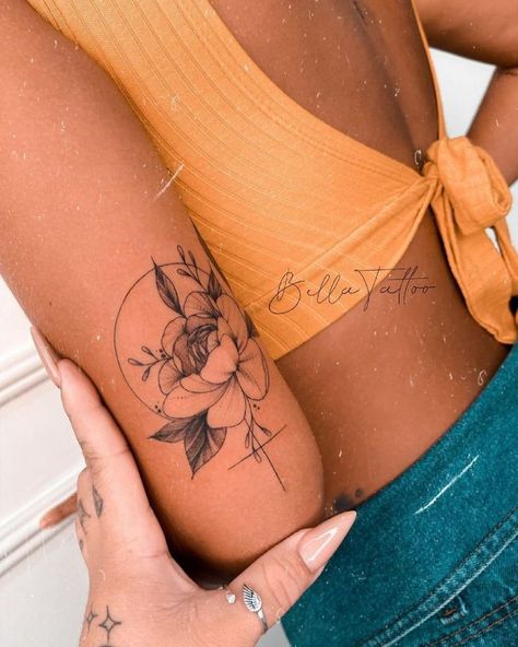 Tattoo On Arm For Women Half Sleeves, Geometric Feminine Tattoo, Micro Arm Tattoo, Women’s Quarter Sleeve Tattoo Ideas, Womens Small Tattoo Ideas, Tattoo Back Of Arm Above Elbow, Back Arm Tattoos For Women, Back Of Upper Arm Tattoo Women, Woman Empowerment Tattoos