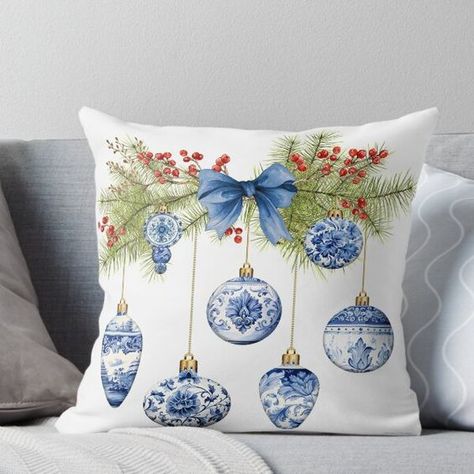 Super soft and durable 100% spun polyester Throw pillow with double-sided print. Cover and filled options. Beautiful Blue Chinoiserie art incorporated in lovely Christmas art. Created by Jean Plout. Blue White Chinoiserie Christmas Tree, Chinoiserie Bathroom Decor, Blue And White Decorating Ideas, Blue And White Kitchen Decor, Blue Willow Decor, Chinoiserie Christmas Tree, Blue White Pottery, Blue French Country, Blue Decorations