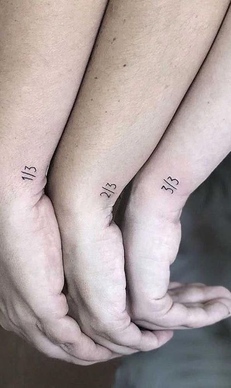 Friends Tattoo For 3, Siblings Tattoo For 5 Symbols, 6 Siblings Tattoo, Coordinating Best Friend Tattoos, Sibling Tattoos 4 Siblings Meaningful, 3 People Tattoo Ideas Matching, Fraction Tattoo, Best Friend Tattoos 3 People, Triple Tattoo Friends