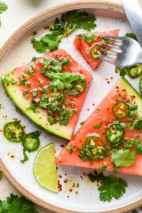 This spicy watermelon salad with cilantro and lime is a real crowd-pleasing delight during the warm summer months! It’s spicy, sweet, and draped in a bright and citrusy dressing for the ultimate watermelon salad experience. Refreshing and FULL of summer flavor! GF, dairy free, vegetarian, paleo, vegan option, Whole30 option. The best spicy watermelon salad… Spicy Watermelon, Paleo Vegetarian, Watermelon Salad, Watermelon Recipes, Paleo Vegan, Summer Food, Delicious Salads, Summer Salads, Summer Months