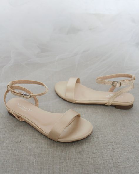 Classy satin flat sandals with ankle strap. Effortless yet adorable to wear on your favorite occasion. Can be pair with dress or casual look.DETAILS:COLORS AVAILABLE: Ivory, White, Pink, Light Blue, and ChampagneUPPER: Synthetic upper and liningMATERIALS: Mandmade outsoleSTYLE NAME: MADDY Champagne Shoes Wedding, Prom Flats, Bridesmaid Shoes Flat, Flat Prom Shoes, Bridesmaid Flats, Bridesmaid Sandals, Nude Flats, Girls Flats, Nude Sandals