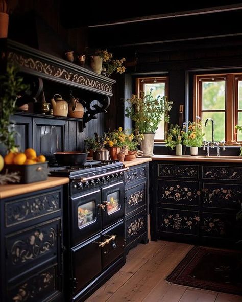 Small Goth Kitchen, Dark Cabin, Backsplash Kitchen Ideas, Kitchen Backsplash Ideas With Dark Cabinets, Goth Kitchen, Gothic Kitchen, Witchy Kitchen, Backsplash Kitchen Dark Cabinets, Grey Kitchen Floor