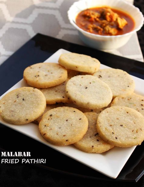 Fried pathiri is a pancake made of rice flour and coconut mixture which is deep fried rather than baked. This pathiri or pancake is different from Malabar rice pathiri which is baked. This pancake recipe is very common and popular among the people of malabar (Kerala state of southern India). Recipes Cream Of Chicken Soup, Malabar Snacks, Kerala Dishes, Ramzan Recipes, Kerala Snacks, Kerala Cuisine, Ramadan Recipe, Ramzan Recipe, Diwali Sweets Recipe