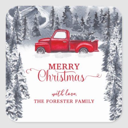 Merry Christmas Rustic Vintage Red Truck Gift Square Sticker - christmas stickers xmas eve custom holiday merry christmas Patchwork, Natal, Red Truck Christmas Tree, Tree Favors, Truck Christmas Tree, Holiday Envelopes, Red Truck Christmas, Vintage Red Truck, Merry Christmas Vintage