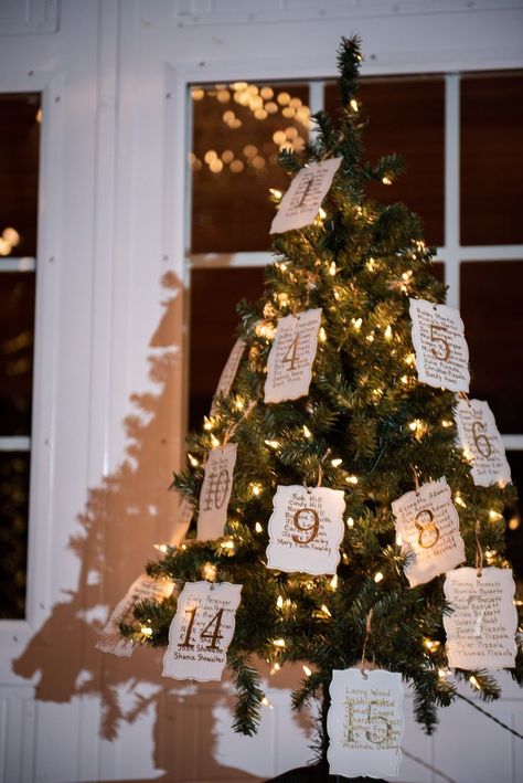 Christmas Tree Seating Chart Wedding, Unique Seating Chart Winter, December Wedding Seating Chart, Winter Wedding Table Assignments, Seating Chart Wedding Winter, Christmas Head Table Wedding, Seating Chart Wedding Ideas Christmas, Wedding Seating Chart Christmas, Winter Wedding Table Numbers Ideas