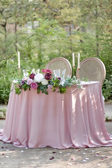 Flower Swag and Tablecloth for Sweetheart/Head Table - Mauve & Plum Wedding Sweetheart Table Decor, Vintage Table Decorations, Head Table Wedding Decorations, Flower Swag, Sweetheart Table Decor, Head Table Decor, Table Rose, Head Table Wedding, Sweetheart Table Wedding