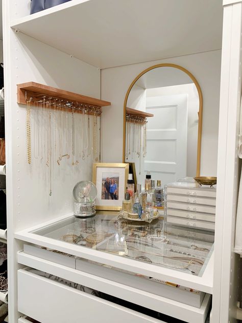 Walk In Closet Ideas Jewelry Organization, Jewelry Storage In Closet Walk In, Pax Makeup Vanity, Jewelry In Closet Ideas, Master Closet Jewelry Organization, Jewelry Closet Ideas, Ikea Hacks Walk In Closet, Walk In Closet Styling, Closet In A Bathroom