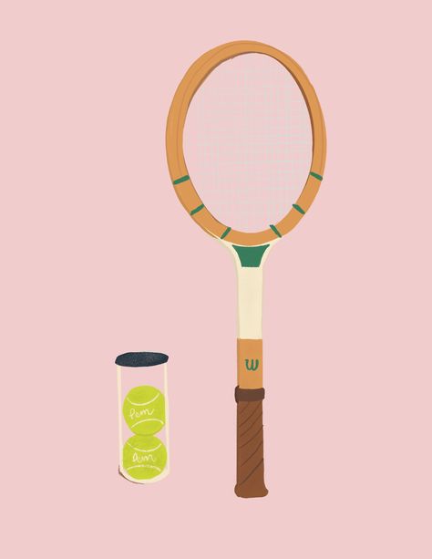 An illustration of a vintage wilson tennis racquet on a pink background.  Physical print printed on matte heavy weight art paper with archival quality inks and acid free paper.  Available in multiple sizes: 8x10, 11x14, and 16x20. Tennis Illustration Art, Tennis Racket Drawing, Tennis Racquet Art, Tennis Bedroom, Tennis Background, Tennis Illustration, Tennis Drawing, Tennis Artwork, Small Projects Ideas