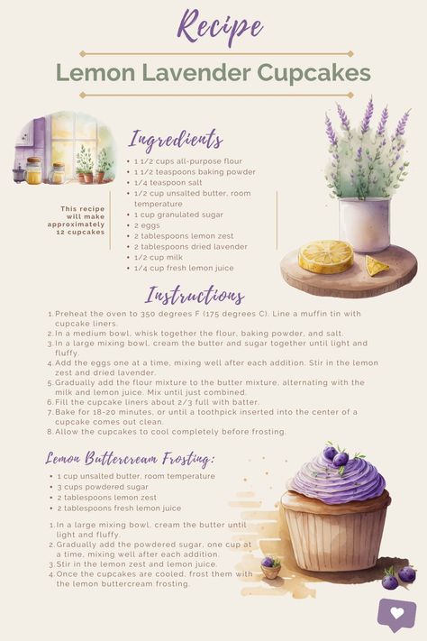 Lemon Lavender Cupcakes, Cottagecore Recipes, Lavender Cupcakes, Kitchen Witch Recipes, Halloween Breakfast, Lavender Recipes, Homemade Cookbook, Baking Goods, Cupcakes Recipe