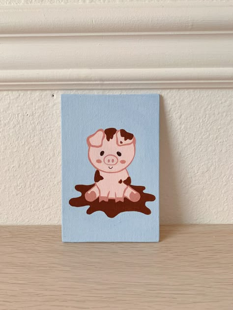 Pig Paintings Easy, Pig Canvas Painting Easy, Cute Pig Paintings On Canvas, Mini Canvas Art Easy Cute Animals, Small Cute Painting Ideas, Easy Pig Paintings On Canvas, Cute Lil Paintings, Easy Painting Ideas On Tiny Canvas, Cute Pig Painting Easy