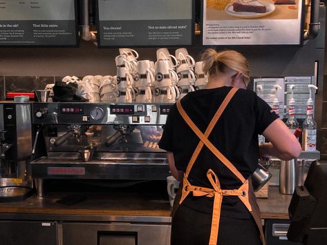 Coffee Shop Waitress Aesthetic, Work In A Coffee Shop Aesthetic, Working Coffee Shop Aesthetic, Working Resturant Aesthetic, Female Barista Aesthetic, Job Aesthetic Waitress, Waitressing Job Aesthetic, Working Restaurant Aesthetic, Work In Coffee Shop Aesthetic