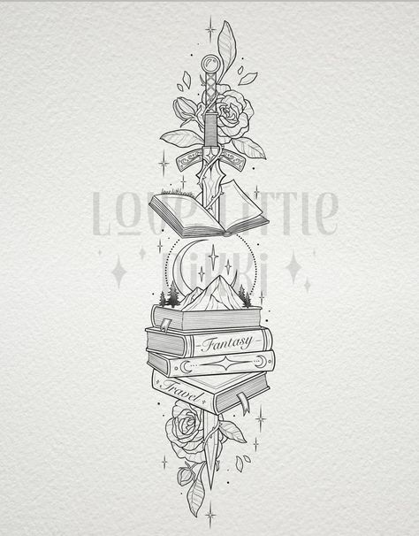 Fantasy Bookish Tattoos, Bookish Spine Tattoo, Fantasy Tattoos Magic, Bookish Tattoo Sleeve, Acotar Sketches, Bookstack Tattoo, Acotar Painting Ideas, Book Tattoos For Women, Books Tattoo Ideas