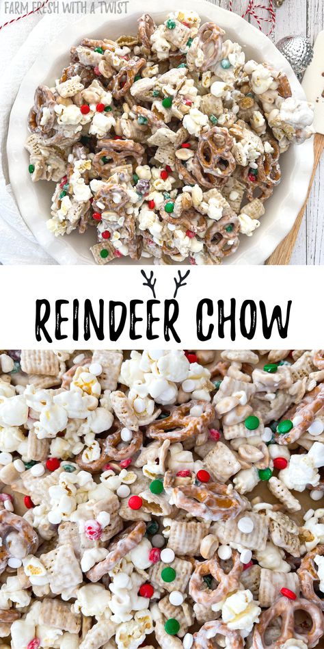 Gluten Free Reindeer Chow - Farm Fresh with a Twist Christmas Trash Recipe, Reindeer Chow Recipe, Christmas Snack Mix, Reindeer Chow, Chow Recipe, Puppy Chow Recipes, Christmas Baking Recipes, Chex Mix Recipes, Gluten Free Christmas