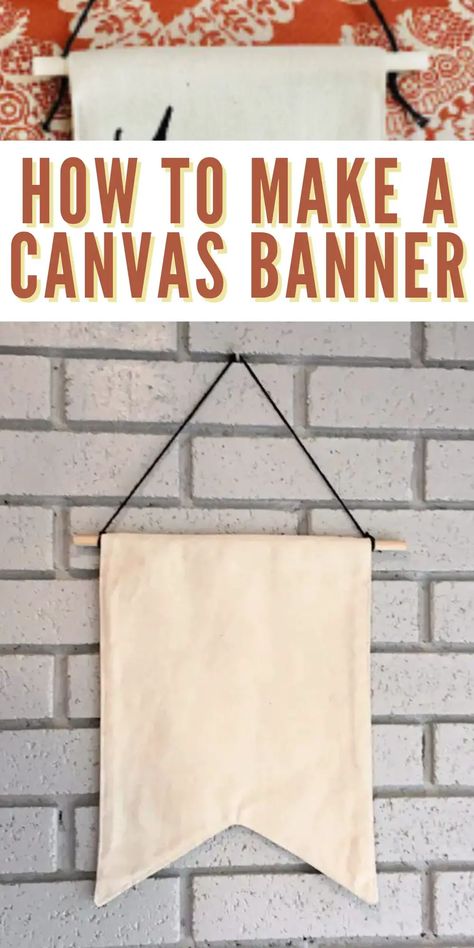 How To Make Canvas Wall Banners Painted Fabric Wall Hanging, Canvas Material Projects, Diy Flag Banner Fabric, Diy Canvas Banner Wall Hangings, Canvas Wall Hanging Ideas, Diy Business Banner, Bunting Banner Design, Wall Decor With Fabric, Diy Pendant Banner