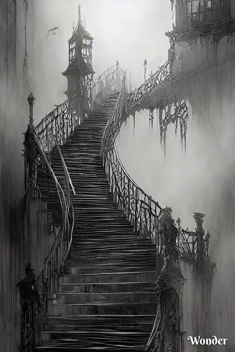 Stairway Reference, Gothic Staircase, Stairs Tattoo, Stairs Art, Feeling Uneasy, Gothic Pictures, Eerie Places, Gothic Coffin, Castle Painting