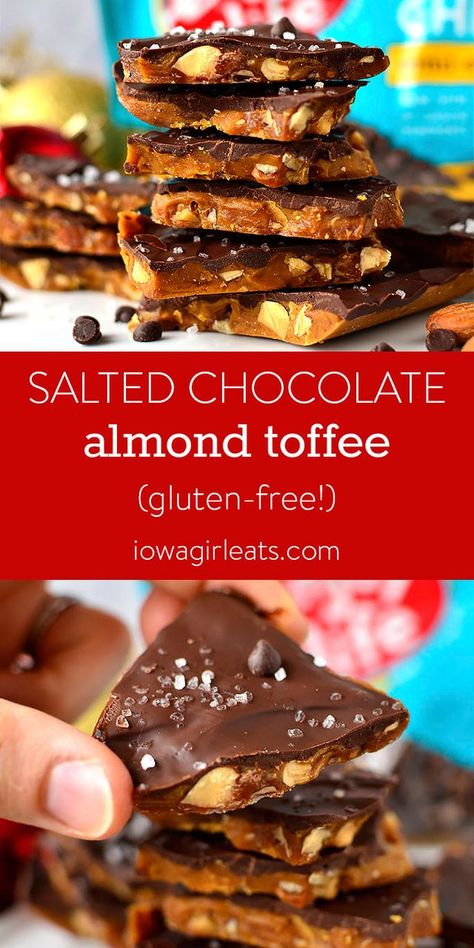 Salted Chocolate Almond Toffee | Iowa Girl Eats | Bloglovin’ Gluten Free Christmas Baking, Chocolate Almond Toffee, Gluten Free Christmas Treats, Gluten Free Christmas Recipes, Gluten Free Christmas Cookies, Almond Toffee, Gluten Free Sugar Cookies, Gluten Free Candy, Cookies Gluten Free