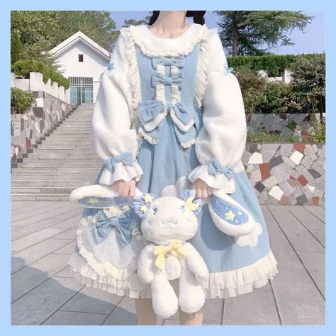 Cinnamoroll Dress, Pastel Blue Outfit, Pastel Blue Dress, Op Dress, Lolita Outfits, Blue Long Sleeve Dress, Pastel Outfit, Japanese Dress, Warm Dresses