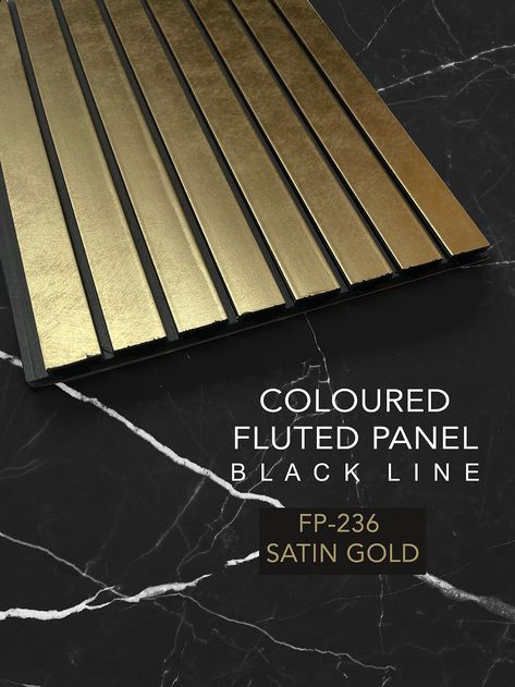 With Fluted panel range is the latest addition to our FLUTED ( Black Background ) collection. Produced with a smoother, modern-looking SATIN GOLD finish with black line. The fluted panel range is perfect if you are looking for the Modern slat look design also with stylish counter and luxury feature walls. Gold Slat Wall, Tv Wall Design Luxury, Bedroom Marble, Gold Accent Wall, Tv Feature Wall, Fluted Panel, Feature Wall Design, Feature Wall Bedroom, Timber Slats