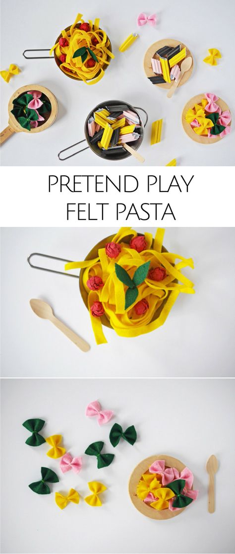 DIY Pretend Play Food: Felt and Paper Pasta and Spaghetti. Kitchen fun for kids! Felt Pasta, Play Food Diy, Diy Pretend Play, Diy Kids Kitchen, Felt Food Diy, Carton Diy, Felt Food Patterns, Pretend Kitchen, Baby Mobil