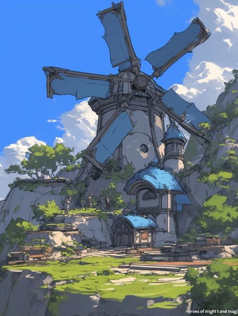 Windmill (Building) —day 5 Fantasy Windmill Concept Art, Windmill Concept Art, Buildings Concept Art, Stylized Environment Concept Art, Fantasy Building Concept Art, Fantasy Windmill, Solarpunk Architecture, Fantastic Architecture, Perspective Drawing Architecture