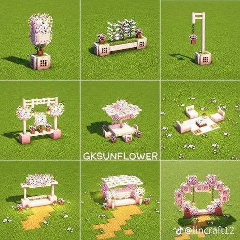 Cherry Blossom Ideas Decor, Minecraft Building Ideas Outside Decor, Minecraft Greenhouse Decor, House In Cherry Blossom Minecraft, Minecraft Designs Cherry Blossom, Love Garden Minecraft, Pink Building Minecraft, Cherry Blossom Village Minecraft Ideas, Easy Mc Builds