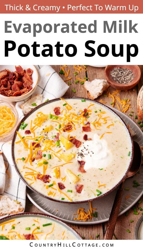 This evaporated milk potato soup is smooth, creamy, and loaded with deliciousness. The easy recipe is quick and easy to make with a few simple ingredients. The soup tastes just like a loaded baked potato and can only be described as comfort food in a bowl. It's loaded up with your favorite toppings, like cheddar, bacon, sour cream, and green onions and embodies everything you love about baked potatoes. Canned evaporated milk makes the soup rich without being too heavy. | CountryHillCottage.com Potato Soup Evaporated Milk Crock Pot, Best Creamy Potato Soup, Evaporated Milk Potato Soup, Crockpot Potato Soup With Evaporated Milk, Potato Soup Without Sour Cream, Potatoe Bacon Soup Recipe Crock Pot, Potato Soup With Evaporated Milk Recipe, Creamed Potato Soup, Evaporated Milk Dinner Recipes