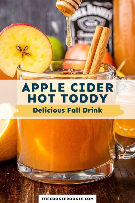 Warm up and get cozy with this apple cider hot toddy. This warm whiskey drink is flavored with honey, lemon and cinnamon and topped off with apple cider, for a delicious adults only drink. Warm Whiskey Drinks, Apple Cider Drinks Alcohol, Cider Alcohol Drinks, Apple Cider Alcohol, Apple Pie Drink, Apple Cider Whiskey, Apple Cider Hot Toddy, Hot Apple Cider Recipe, Apple Cider Drink