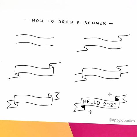 Step By Step Doodles, Doodle Tutorial, Banner Doodle, Easy Christmas Drawings, Doodle Art For Beginners, Mail Art Envelopes, Planner Doodles, Banner Drawing, Bullet Journal Banner